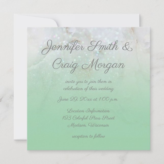 Invitation Mariage dégradé vert menthe Marbre scintillant (Devant)