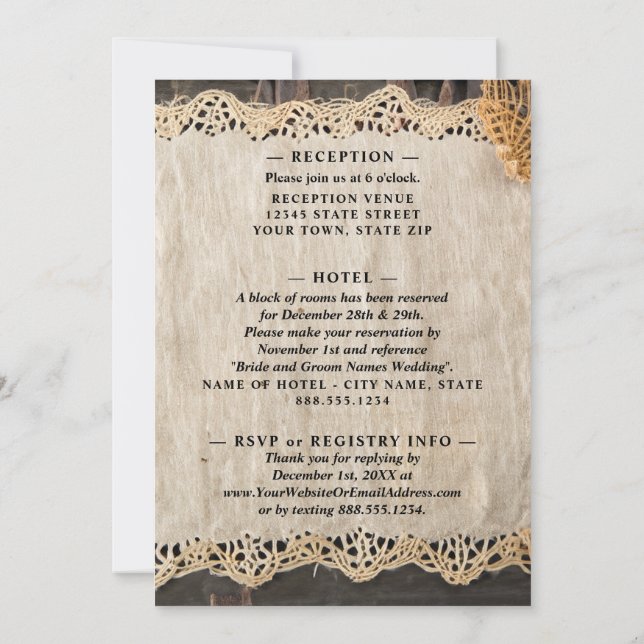 Invitation Mariage d'élégance rustique Burlap Lace Barnwood (Dos)