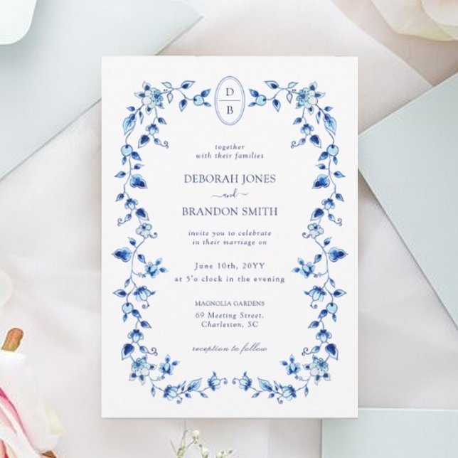 Invitation Mariage Delft bleu et blanc monogramme (Créateur téléchargé)