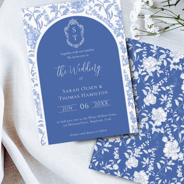 Invitation Mariage Delft Bleu Floral Chinoiserie Monogramme (Créateur téléchargé)