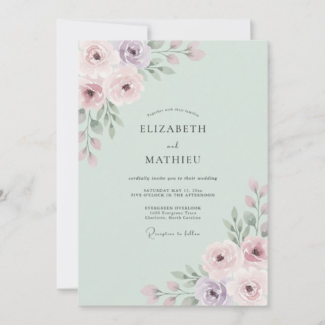 Invitation Mariage délicat à la pétale verte menthe (Devant)
