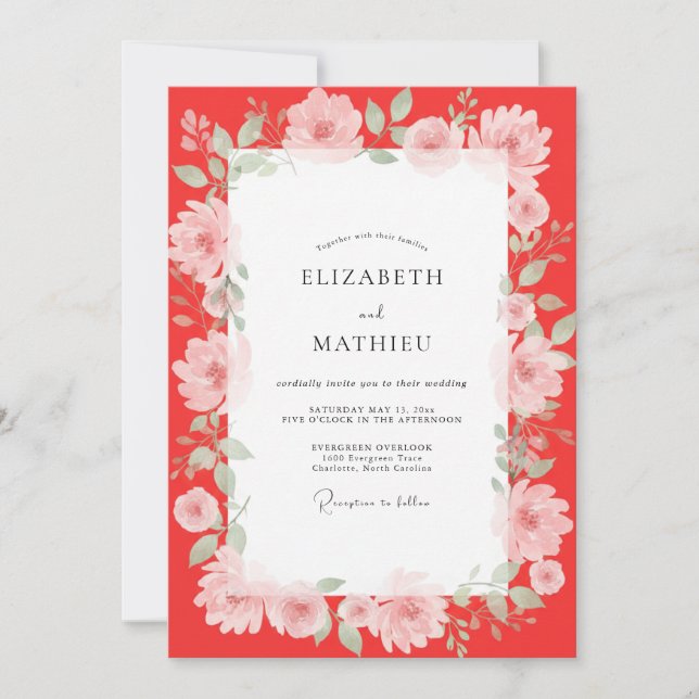 Invitation Mariage délicat à pétales peints écarlates (Devant)