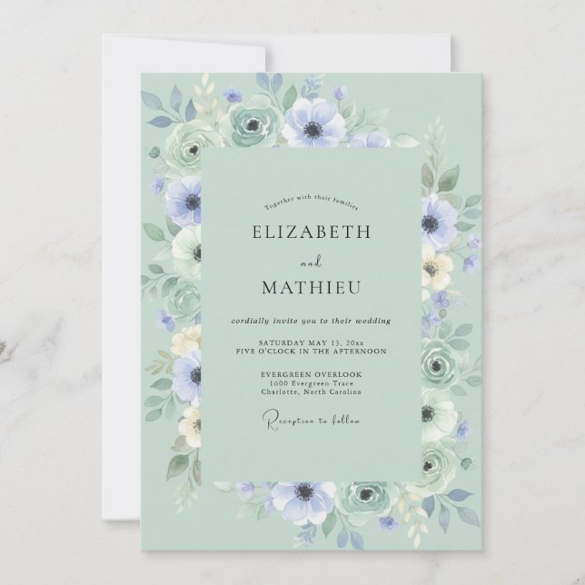 Invitation Mariage délicat Anémone Vert Sauge (Devant)