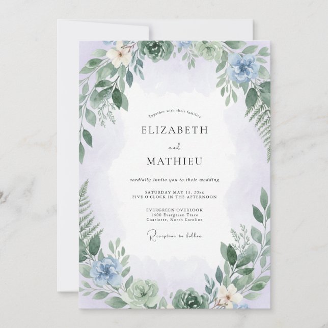 Invitation Mariage Délicat aux Feuilles de Bleu Pâle (Devant)