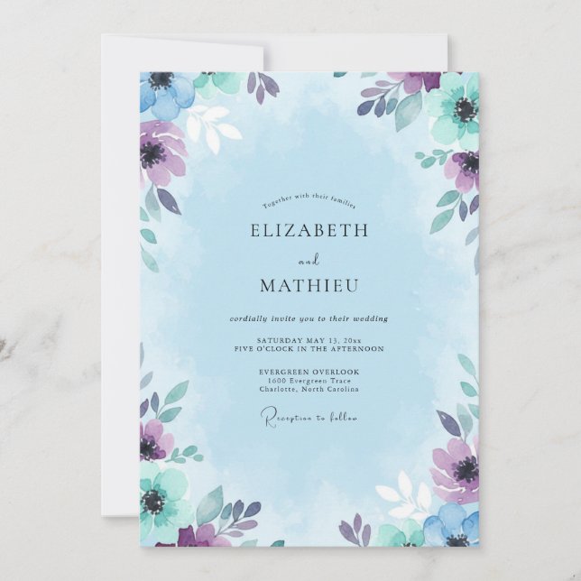 Invitation Mariage délicat aux feuilles de menthe et améthyst (Devant)