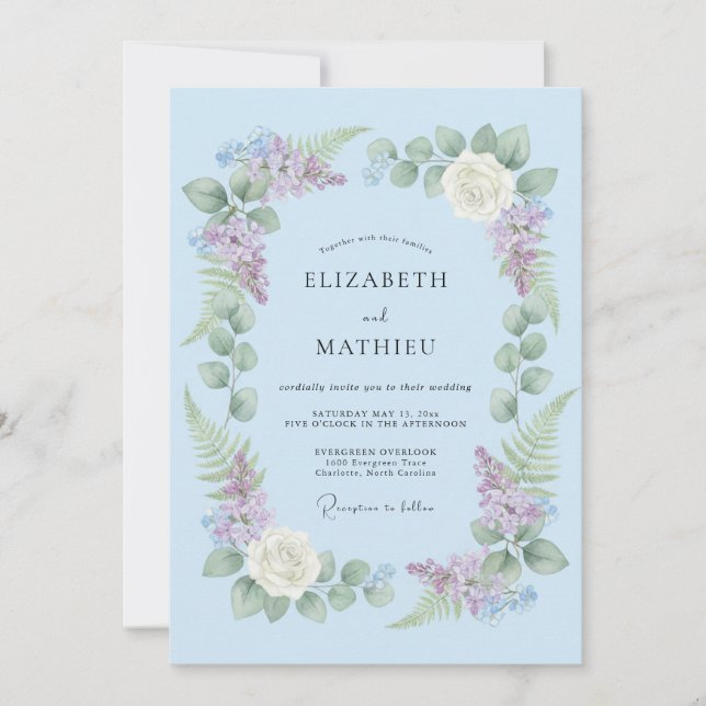 Invitation Mariage délicat aux glycines bleu clair (Devant)