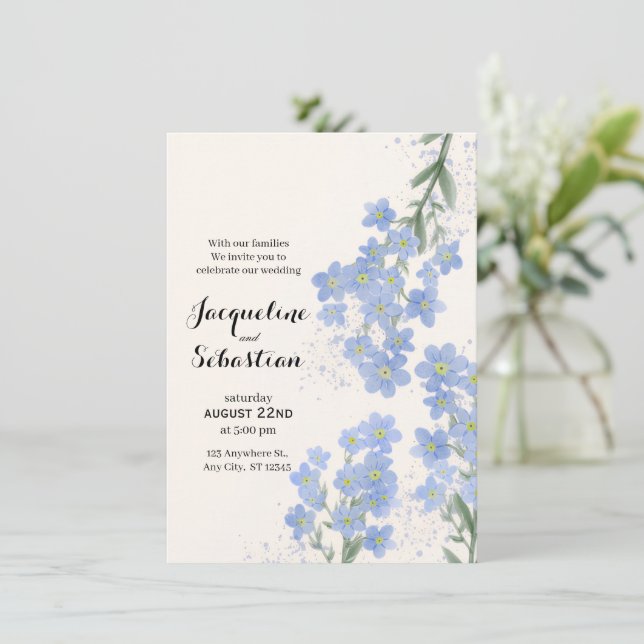 Invitation Mariage Délicat Bleu Ne m'oubliez pas (Debout devant)