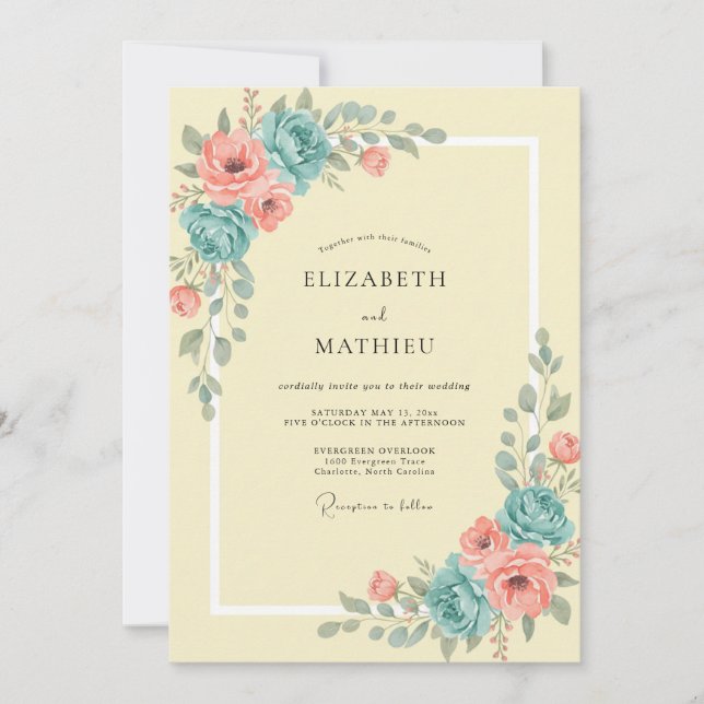 Invitation Mariage délicat Corail Turquoise Paeonia (Devant)
