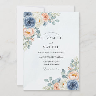 Invitation Mariage délicat de printemps bleu poussiéreux pêch
