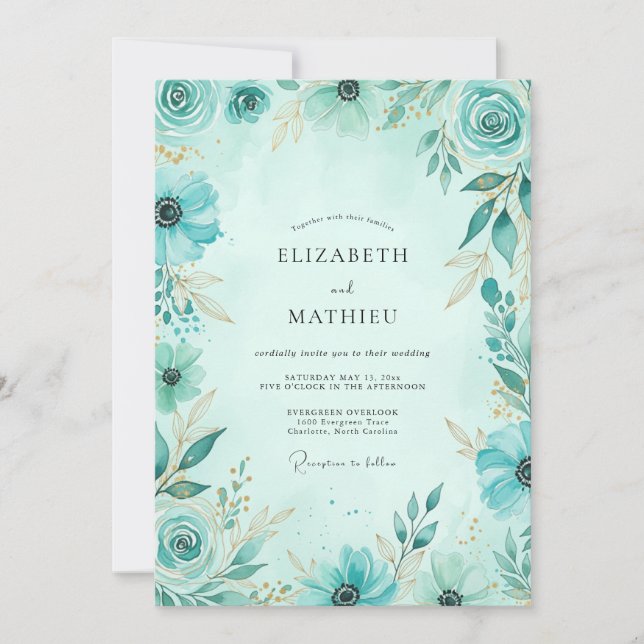 Invitation Mariage délicat de style côtier sarcelle (Devant)