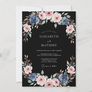 Invitation Mariage Délicat Rose Bleu Poussiéreux Coup de Pinc