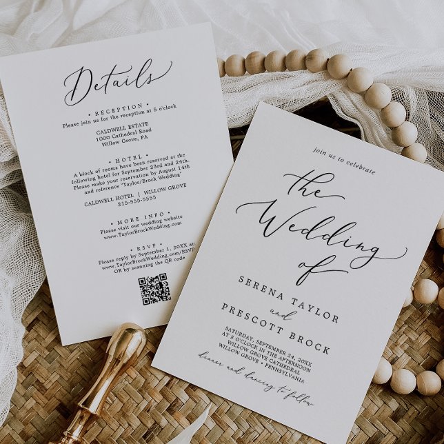 Invitation Mariage délicat tout-en-un code QR noir (Delicate Black All In One QR Code Wedding Invitation)
