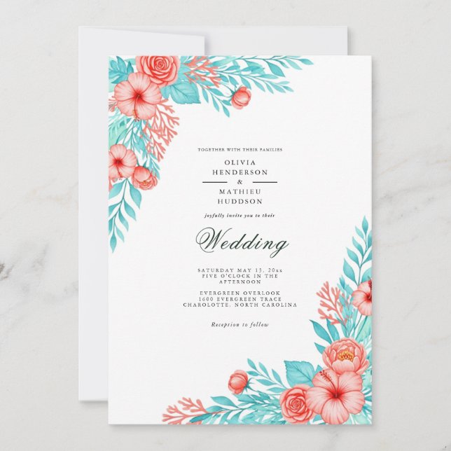 Invitation Mariage Délice Floral Turquoise Corail (Devant)