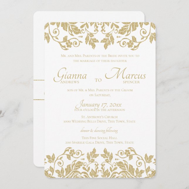Invitation Mariage d'Emblem Gold Damask (Devant / Derrière)