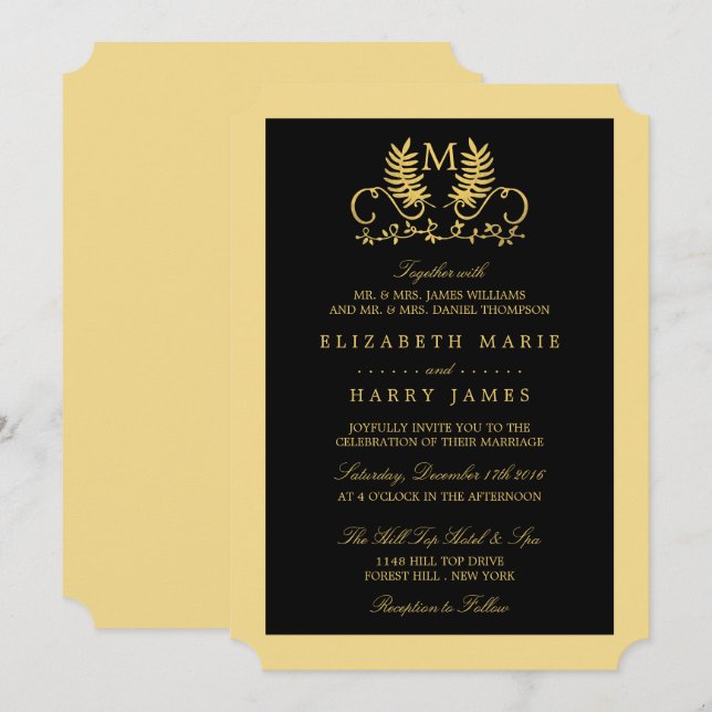 Invitation Mariage d'emblème Floral d'or (Devant / Derrière)