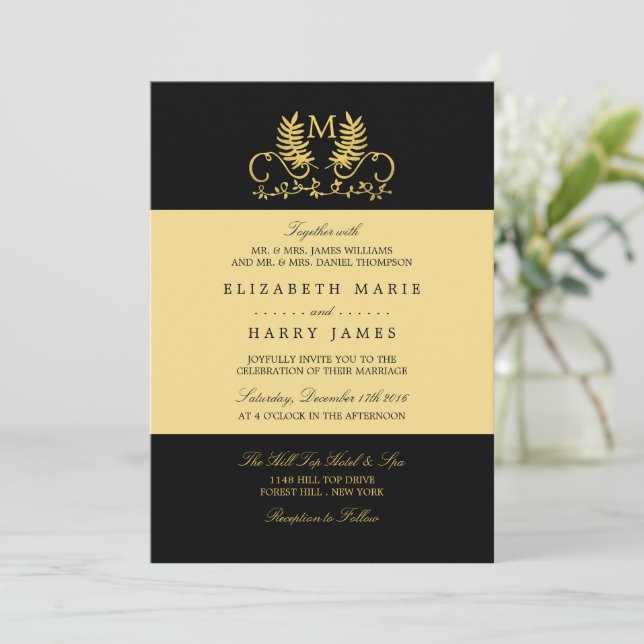 Invitation Mariage d'emblème Floral d'or (Debout devant)