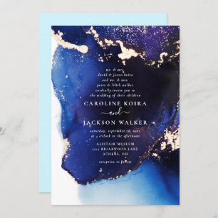 Invitation Mariage d'encre d'alcool bleu et or Marine