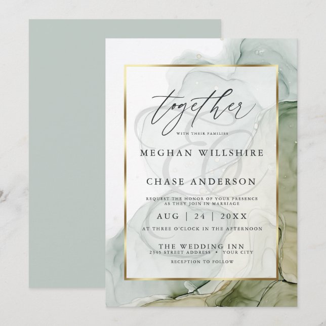 Invitation Mariage d'encre d'alcool moderne dégradé Sage vert (Devant / Derrière)