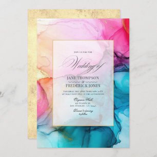 Invitation Mariage d'encre d'alcool rose chaud, bleu et or