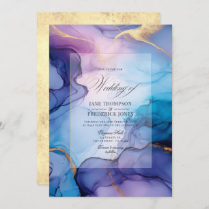 Invitation Mariage d'encre d'alcool violet, bleu et or