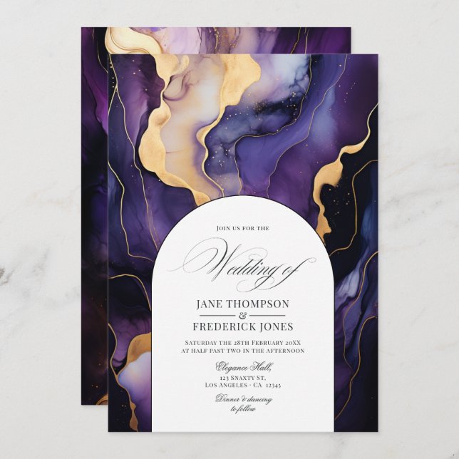 Invitation Mariage d'encre noire, dorée et violette foncée (Devant / Derrière)
