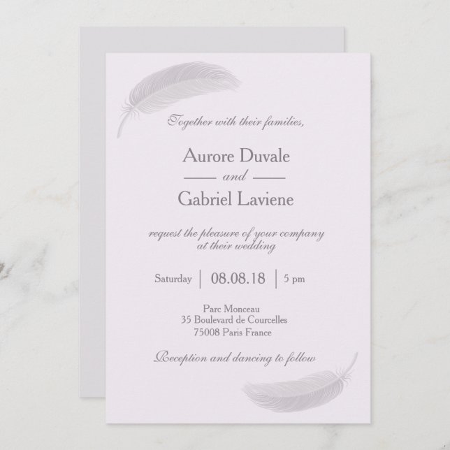 Invitation Mariage d'énergie positive lilas gris plume Angel (Devant / Derrière)