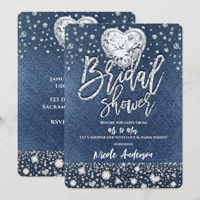 Invitation Mariage Dénim & Bling Diamants Cœur (Devant / Derrière)