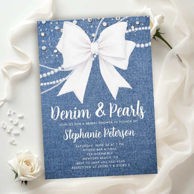 Invitation Mariage Denim et Perles Blanc Ruban Bleu Chic (denim and pearls bridal shower invitations template blue white bow western country rustic diamonds)