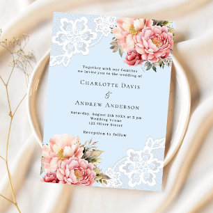 Invitation Mariage dentelle bleu clair rose rose floraux or