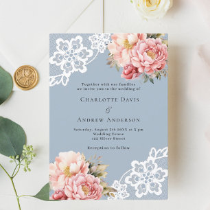 Invitation Mariage dentelle bleu rose rose pâle