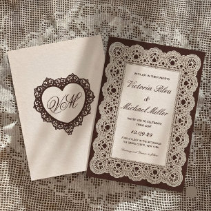 Invitation Mariage dentelle crème marron foncé victorien vint