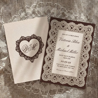 Invitation Mariage dentelle crème marron foncé victorien vint