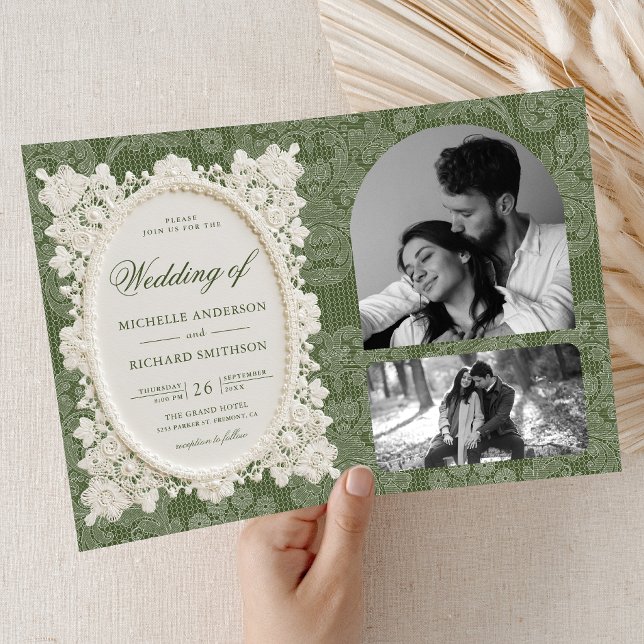 Invitation Mariage dentelle de dentelle vert olive d'argent a (Créateur téléchargé)
