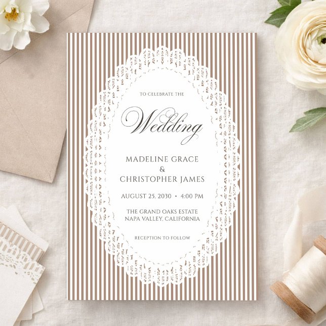 Invitation Mariage dentelle marron moka rayé (Créateur téléchargé)