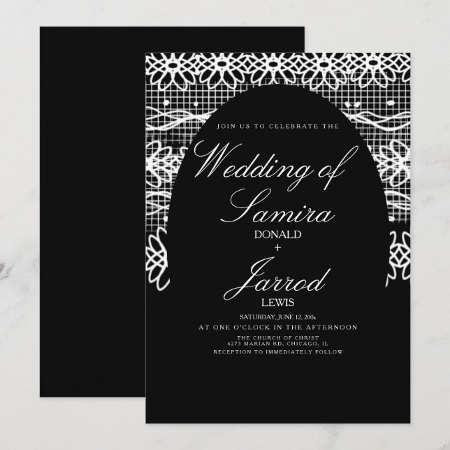 Invitation Mariage dentelle noir et blanc dessinée à la main  (Devant / Derrière)