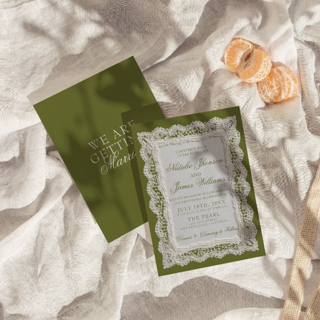 Invitation Mariage dentelle vert olive argent ancien napperon (Créateur téléchargé)