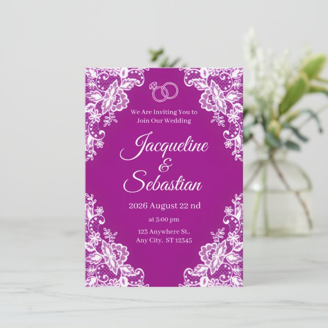 Invitation Mariage Dentelle Violette (Debout devant)