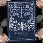 Invitation Mariage d'épée d'argent médiéval bleu Royal<br><div class="desc">Entrez dans un conte de romance et de légende ! Ces invitations à un mariage d'imaginaire médiéval présentent une épée royale entrecoupée de fleurs d'argent sur fond bleu profond. Elles sont parfaites pour les couples à la recherche d'une touche enchanteresse et intemporelle pour leur journée spéciale. Notez que l'argent sur...</div>