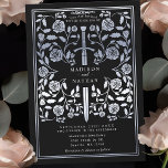 Invitation Mariage d'épée d'argent médiéval noir<br><div class="desc">Entrez dans un conte de romance et de légende ! Ces invitations à un mariage d'imaginaire médiéval présentent une épée royale entrecoupée de fleurs d'argent sur fond noir. Elles sont parfaites pour les couples à la recherche d'une touche enchanteresse et intemporelle pour leur journée spéciale. Notez que l'argent sur ces...</div>