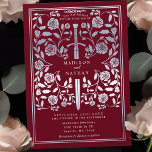 Invitation Mariage d'épée d'argent médiéval rouge<br><div class="desc">Entrez dans un conte de romance et de légende ! Ces invitations à un mariage d'imaginaire médiéval présentent une épée royale entrecoupée de fleurs d'argent sur un fond rouge riche. Elles sont parfaites pour les couples à la recherche d'une touche enchanteresse et intemporelle pour leur journée spéciale. Notez que l'argent...</div>