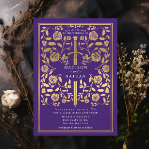 Invitation Mariage d'épée d'or violet Royal Medieval