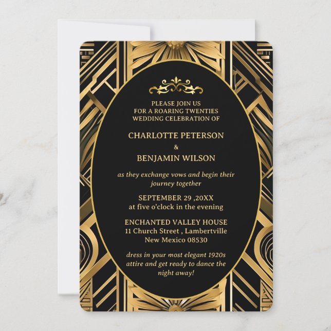Invitation Mariage des années 1920 Gatsby Art Déco Black & Go (Devant)