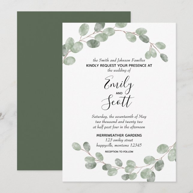 Invitation Mariage des branches d'Eucalyptus blanc (Devant / Derrière)