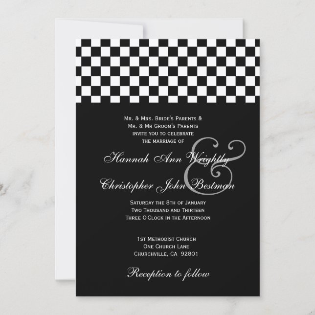 Invitation Mariage des chèques en noir et blanc Métallic 32 (Devant)