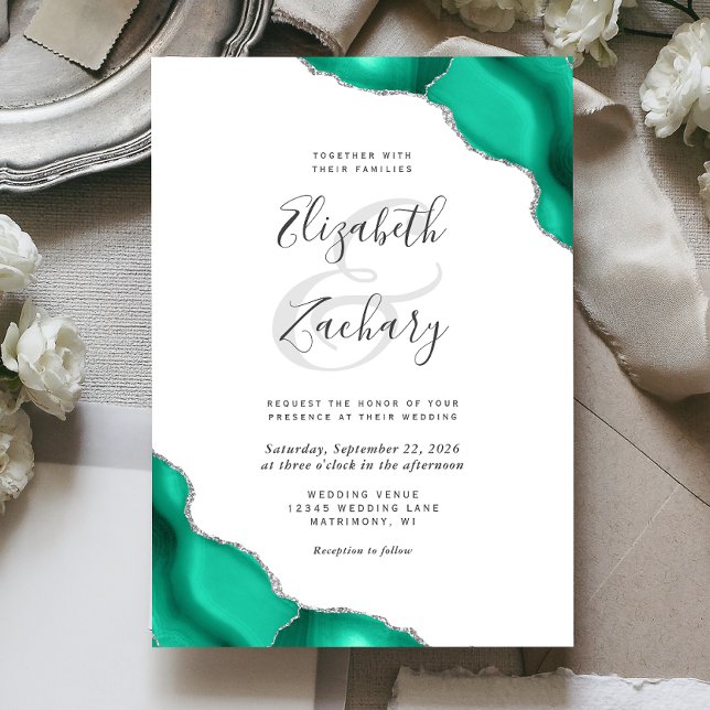 Invitation Mariage des coins d'agate d'argent vert Seafoam (Créateur téléchargé)