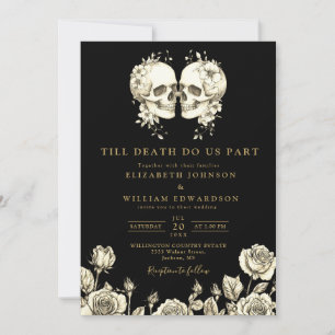 Invitation Mariage des crânes floraux gothiques noirs et or