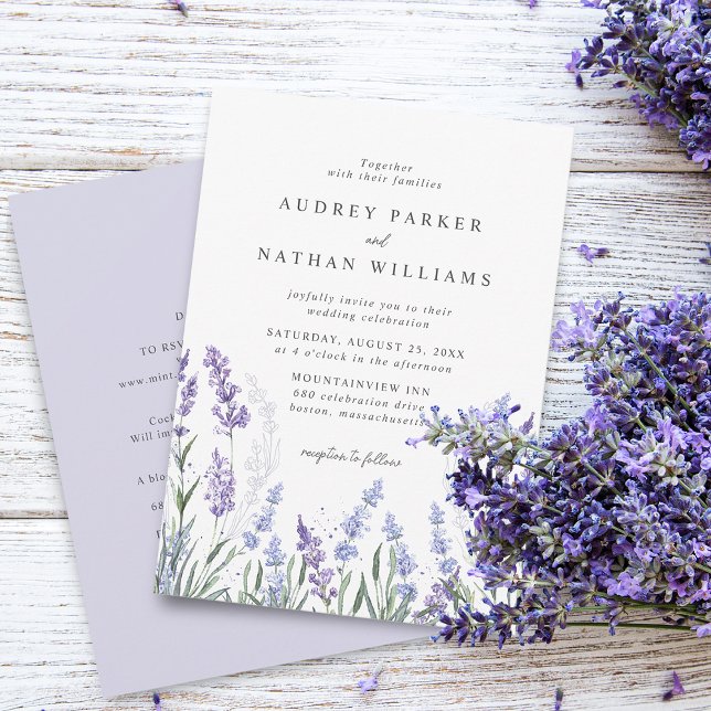 Invitation Mariage des détails du champ de Lavande aquarelle  (Elegant Watercolor Lavender Field Details Wedding Invitation)