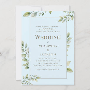 Invitation Mariage des deux parents avec verdure bleu glace