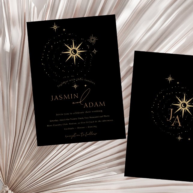 Invitation Mariage des étoiles céleste d'or et de noir (Celestial Gold and Black Stars Wedding Invitation)