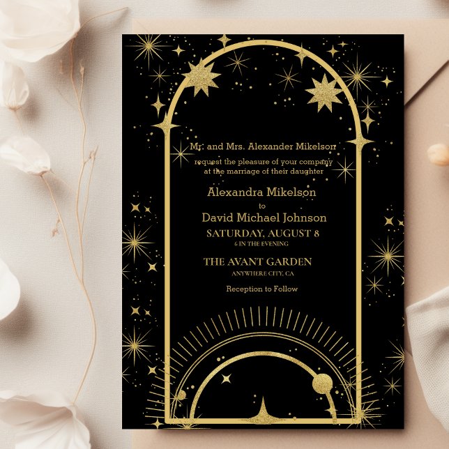 Invitation Mariage des étoiles célestes mystiques d'or noir (Créateur téléchargé)